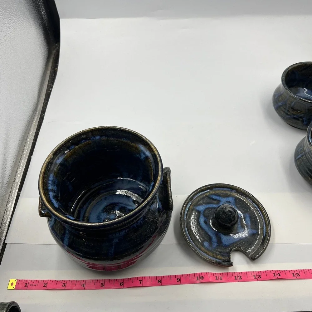 Vintage Signed Studio Pottery Soup Pot with Lid Ladle and 2‎ Bowls Blue Glaze